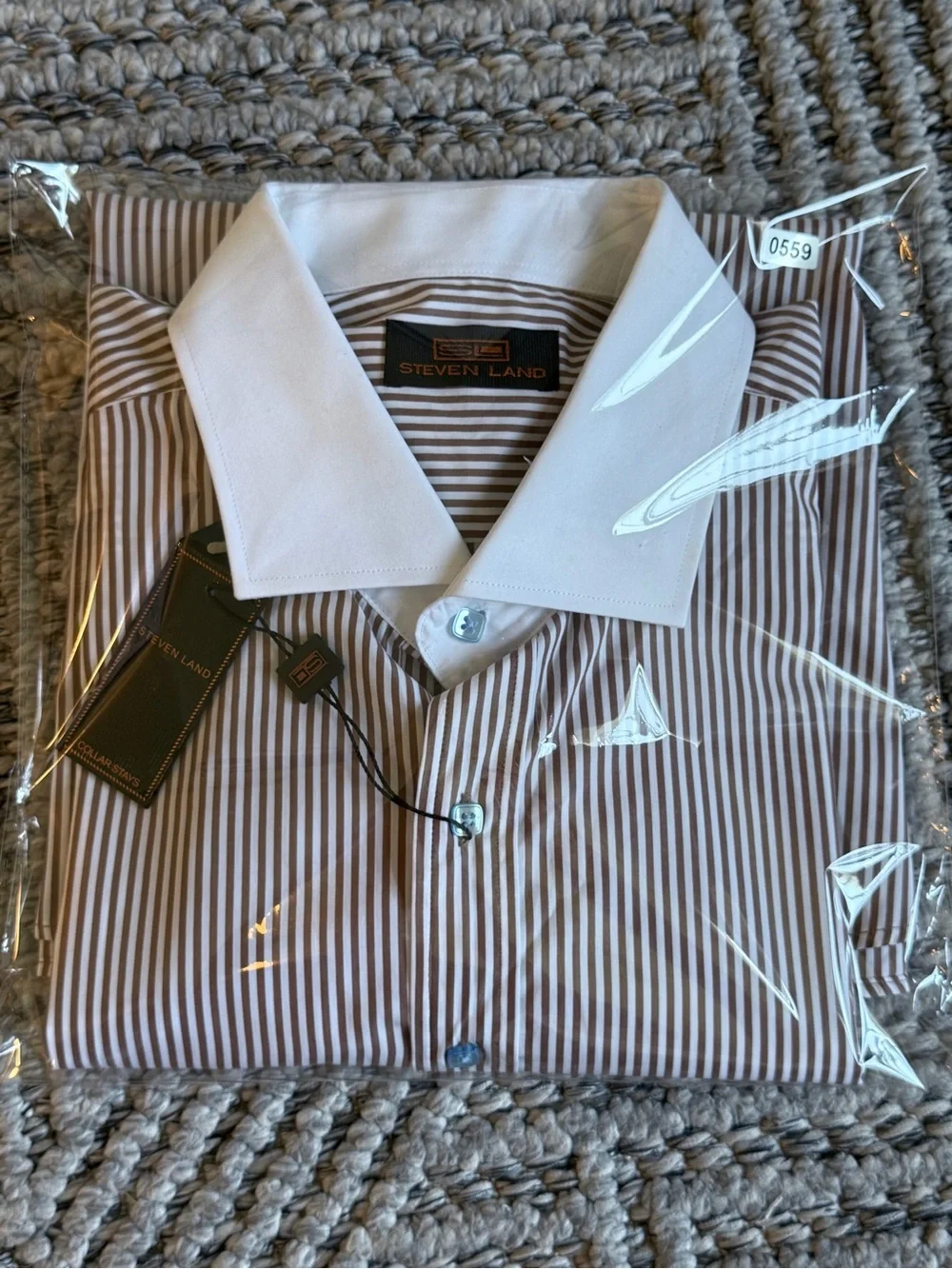Men's Striped Dress Shirt with White Contrast Collar